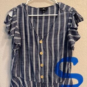 Blue and White Ruffled Blouse with V-Neck